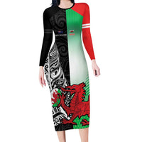 New Zealand and Wales Rugby Custom Long Sleeve Bodycon Dress Aotearoa All Black Combine Welsh Dragon LT14 Long Dress Black - Polynesian Pride