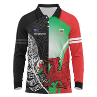 New Zealand and Wales Rugby Custom Long Sleeve Polo Shirt Aotearoa All Black Combine Welsh Dragon LT14 Black - Polynesian Pride