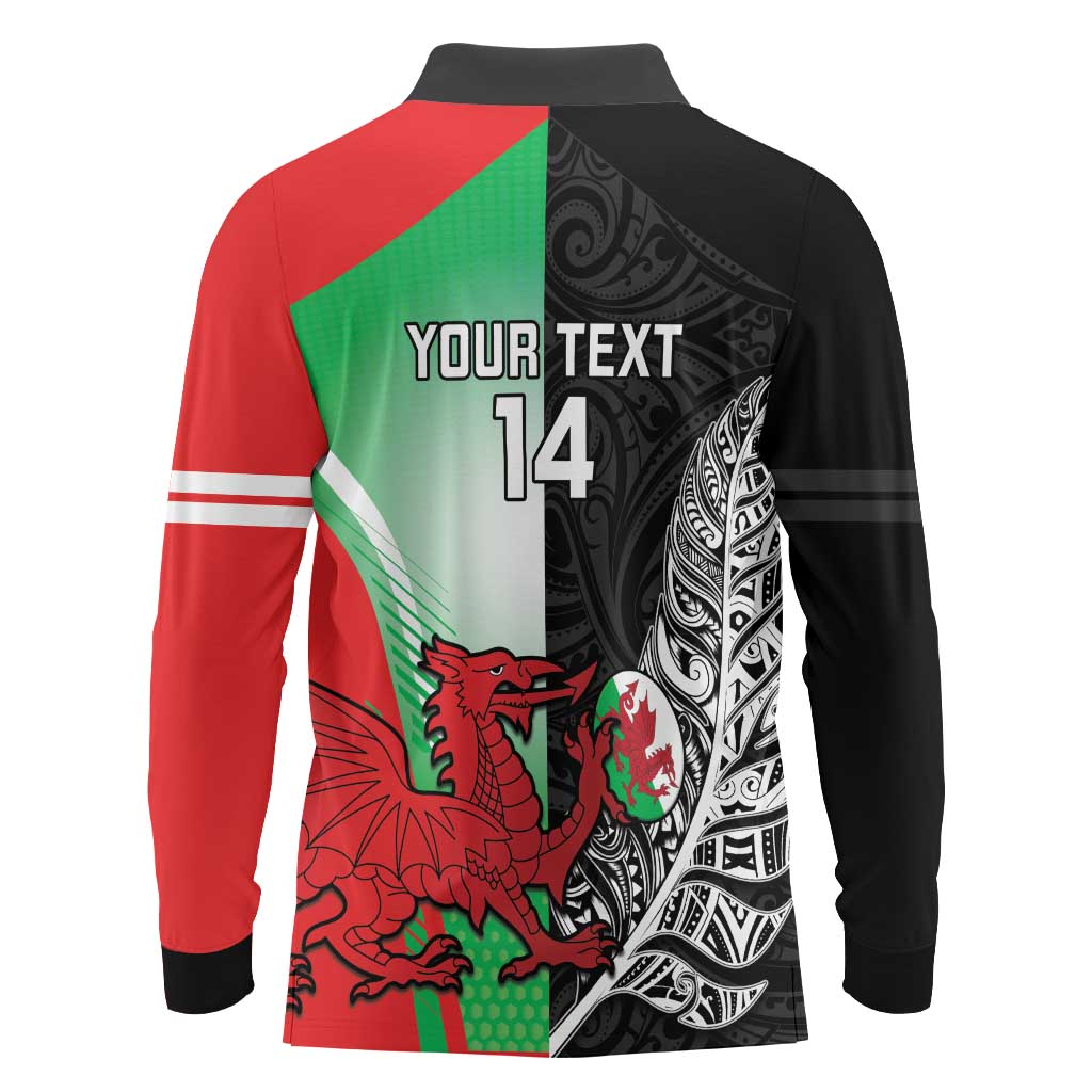 New Zealand and Wales Rugby Custom Long Sleeve Polo Shirt Aotearoa All Black Combine Welsh Dragon LT14 - Polynesian Pride