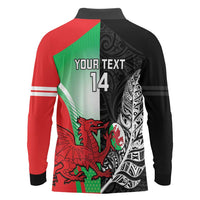 New Zealand and Wales Rugby Custom Long Sleeve Polo Shirt Aotearoa All Black Combine Welsh Dragon LT14 - Polynesian Pride