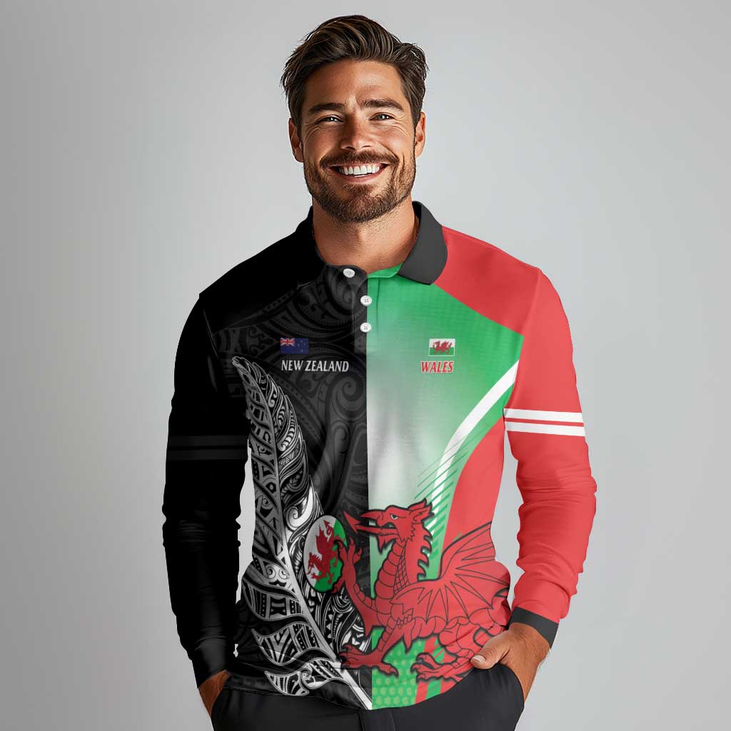 New Zealand and Wales Rugby Custom Long Sleeve Polo Shirt Aotearoa All Black Combine Welsh Dragon LT14 - Polynesian Pride