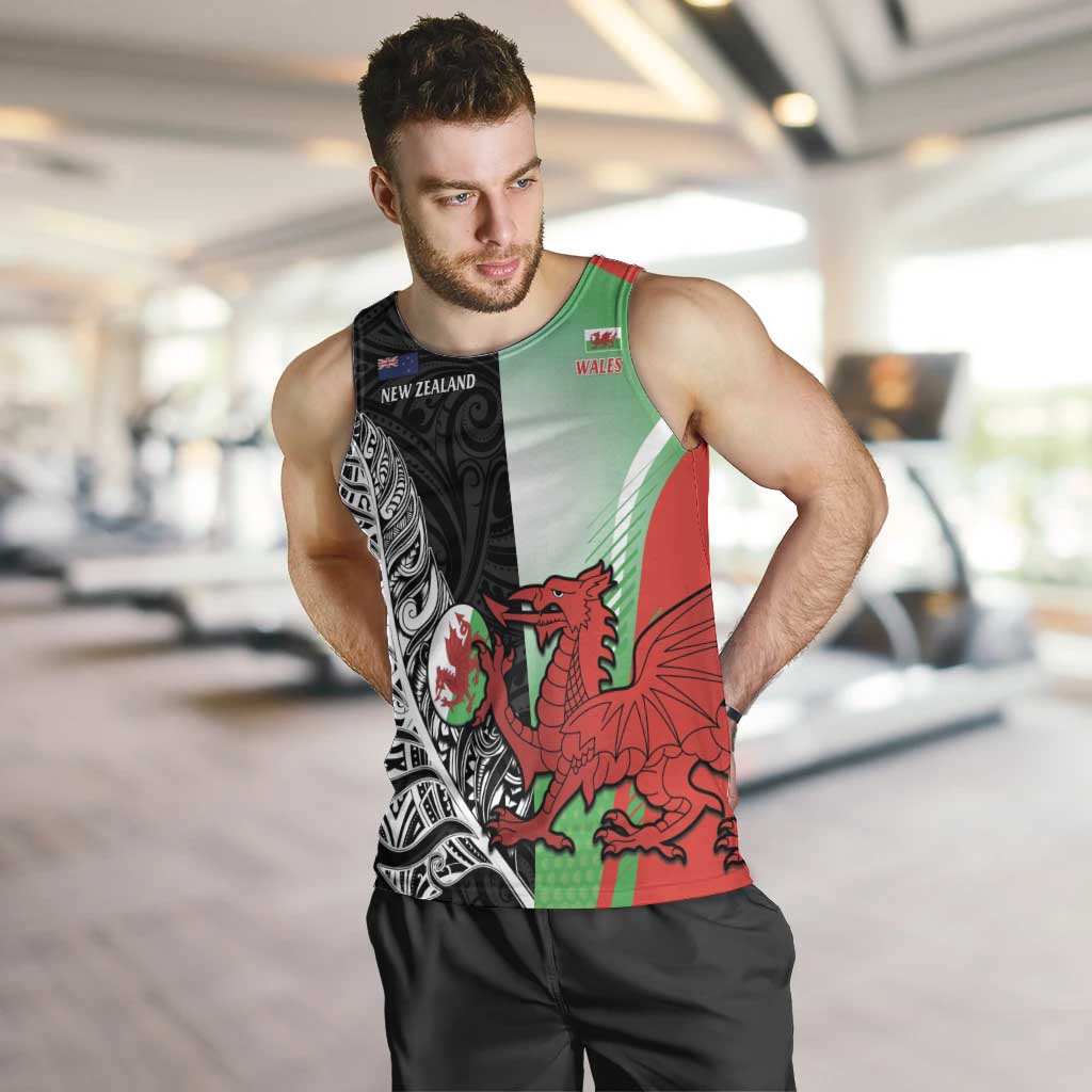 New Zealand and Wales Rugby Custom Men Tank Top Aotearoa All Black Combine Welsh Dragon LT14 Black - Polynesian Pride