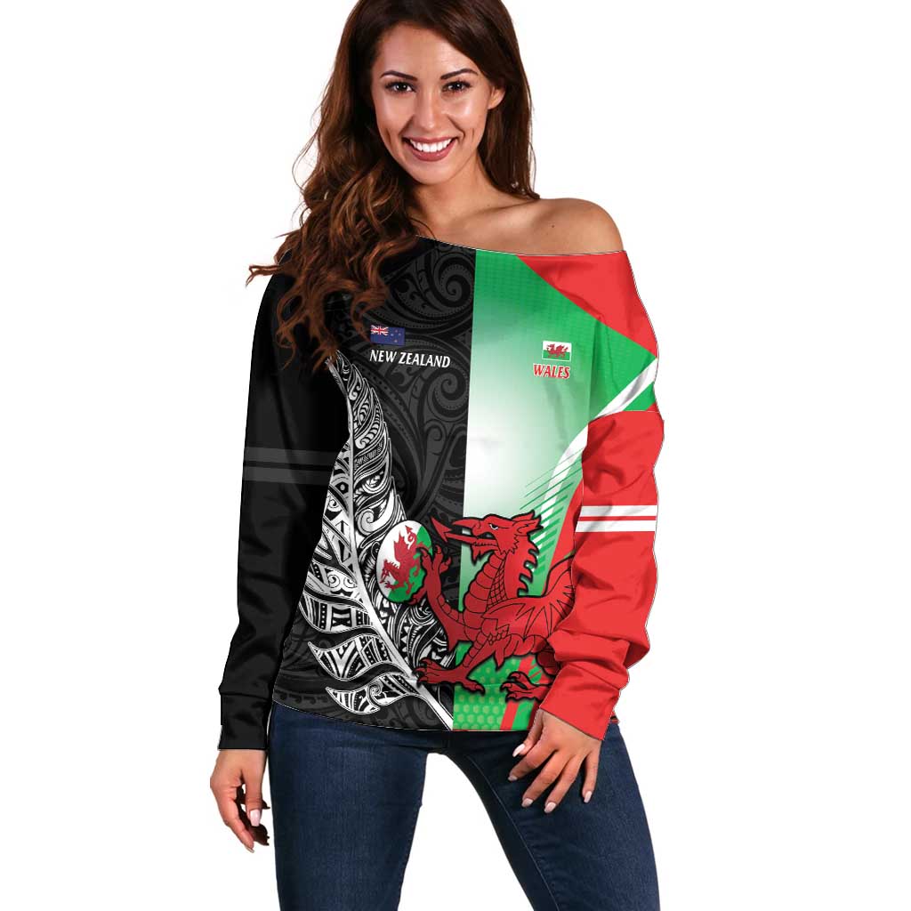 New Zealand and Wales Rugby Custom Off Shoulder Sweater Aotearoa All Black Combine Welsh Dragon - Polynesian Pride