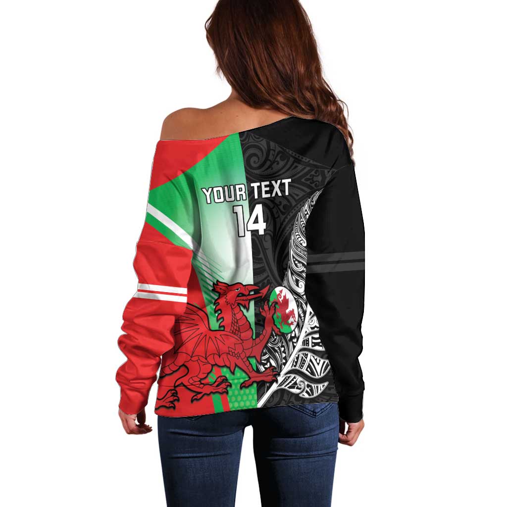 New Zealand and Wales Rugby Custom Off Shoulder Sweater Aotearoa All Black Combine Welsh Dragon LT14 - Polynesian Pride