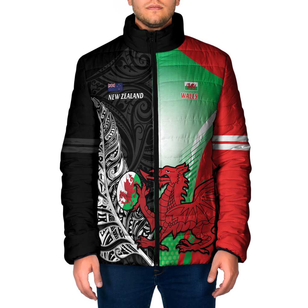New Zealand and Wales Rugby Custom Padded Jacket Aotearoa All Black Combine Welsh Dragon - Polynesian Pride
