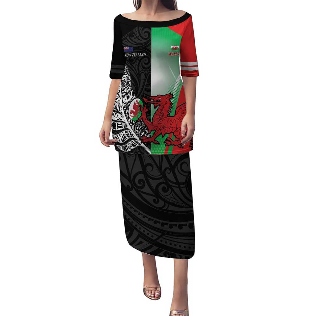 New Zealand and Wales Rugby Custom Puletasi Aotearoa All Black Combine Welsh Dragon LT14 Long Dress Black - Polynesian Pride