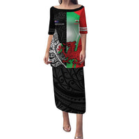 New Zealand and Wales Rugby Custom Puletasi Aotearoa All Black Combine Welsh Dragon LT14 Long Dress Black - Polynesian Pride