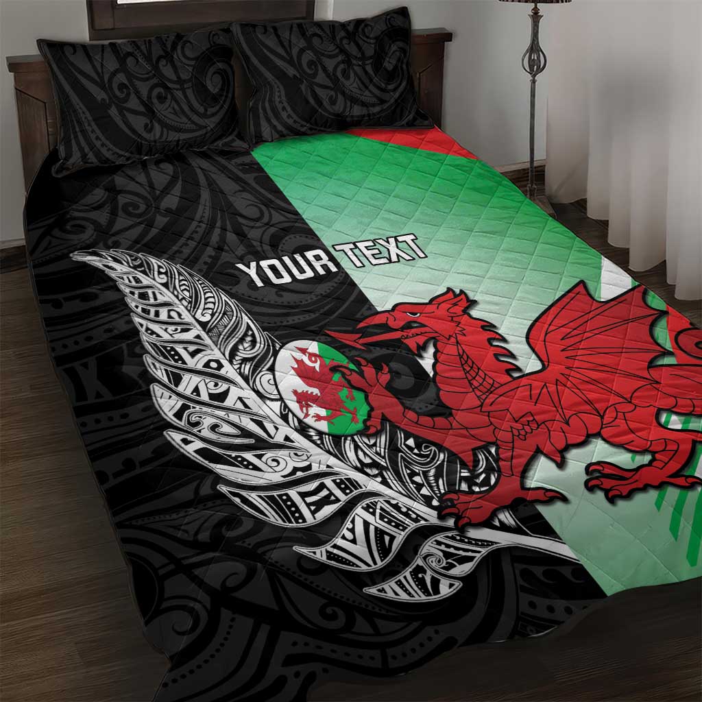 New Zealand and Wales Rugby Custom Quilt Bed Set Aotearoa All Black Combine Welsh Dragon LT14 Black - Polynesian Pride