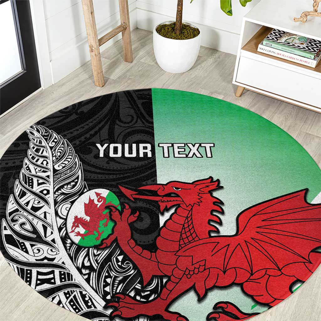 New Zealand and Wales Rugby Custom Round Carpet Aotearoa All Black Combine Welsh Dragon LT14 Black - Polynesian Pride