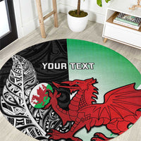 New Zealand and Wales Rugby Custom Round Carpet Aotearoa All Black Combine Welsh Dragon LT14 Black - Polynesian Pride
