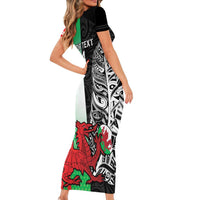 New Zealand and Wales Rugby Custom Short Sleeve Bodycon Dress Aotearoa All Black Combine Welsh Dragon LT14 - Polynesian Pride