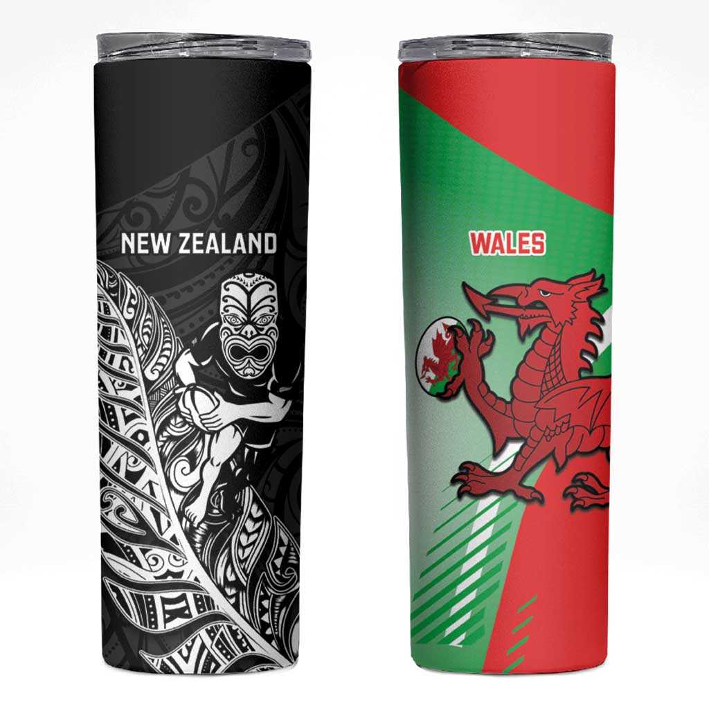 New Zealand and Wales Rugby Custom Skinny Tumbler Aotearoa All Black Combine Welsh Dragon LT14 Black - Polynesian Pride