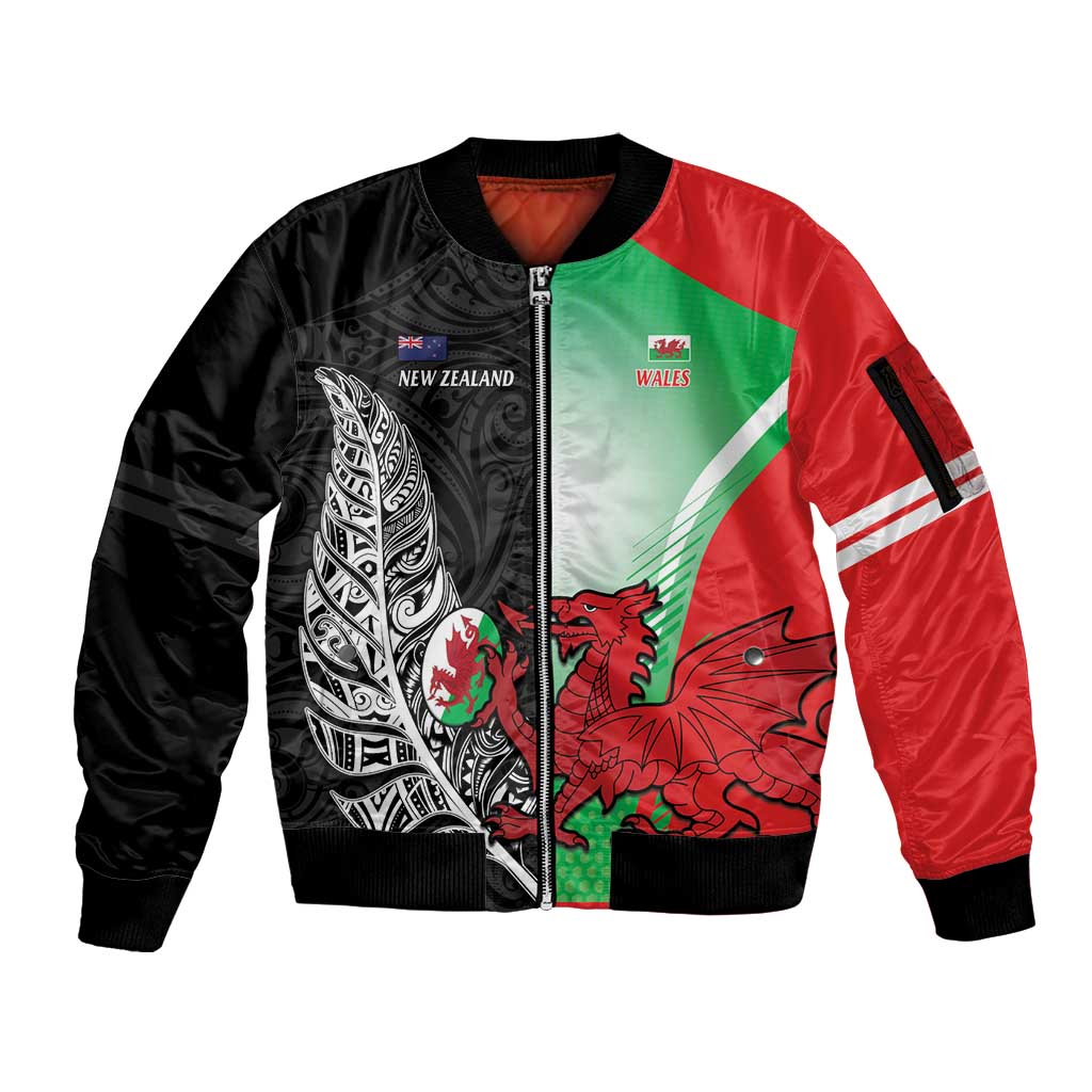 New Zealand and Wales Rugby Custom Sleeve Zip Bomber Jacket Aotearoa All Black Combine Welsh Dragon LT14 Unisex Black - Polynesian Pride