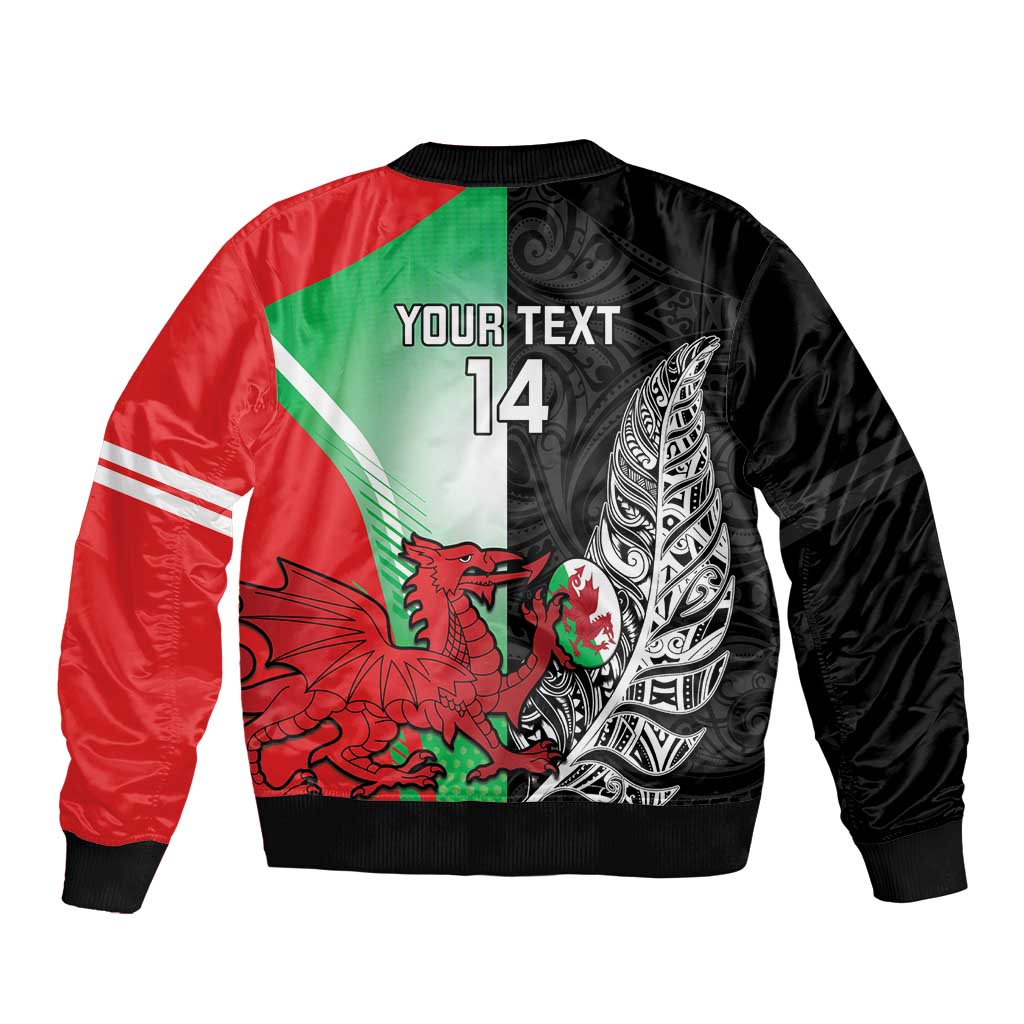 New Zealand and Wales Rugby Custom Sleeve Zip Bomber Jacket Aotearoa All Black Combine Welsh Dragon LT14 - Polynesian Pride