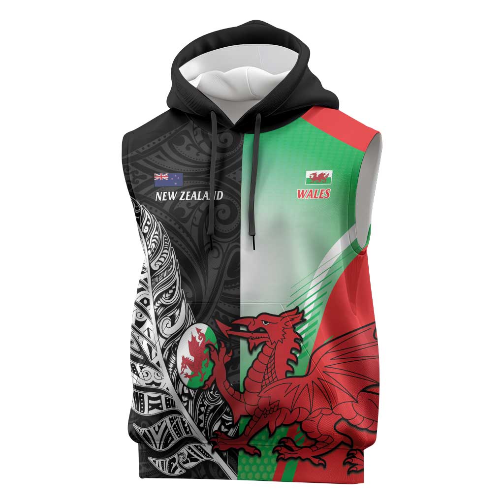 New Zealand and Wales Rugby Custom Sleeveless Hoodie Aotearoa All Black Combine Welsh Dragon - Polynesian Pride