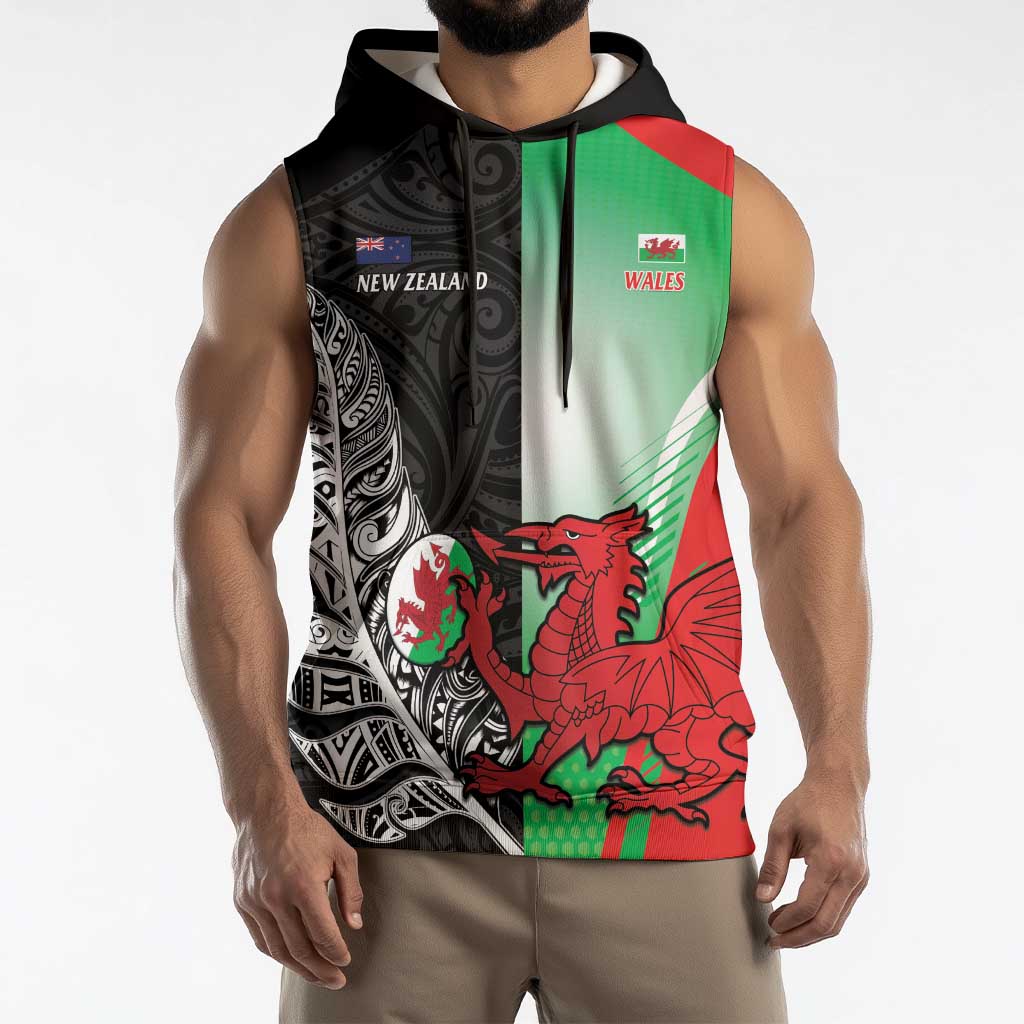 New Zealand and Wales Rugby Custom Sleeveless Hoodie Aotearoa All Black Combine Welsh Dragon LT14 - Polynesian Pride