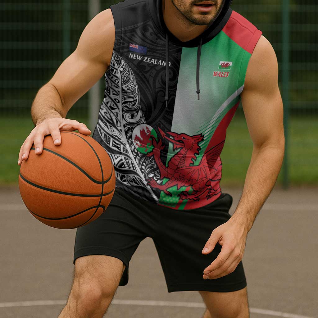 New Zealand and Wales Rugby Custom Sleeveless Hoodie Aotearoa All Black Combine Welsh Dragon LT14 - Polynesian Pride