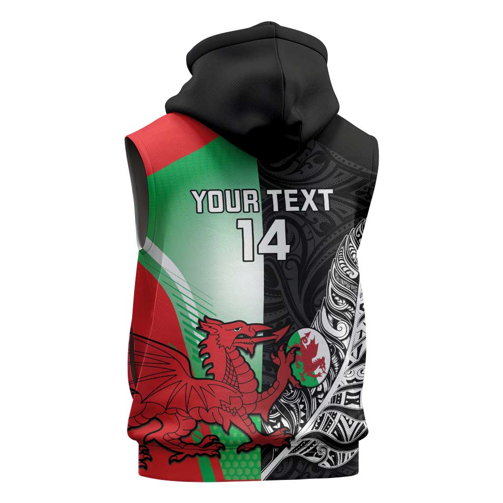 New Zealand and Wales Rugby Custom Sleeveless Zip Hoodie Aotearoa All Black Combine Welsh Dragon LT14 - Polynesian Pride
