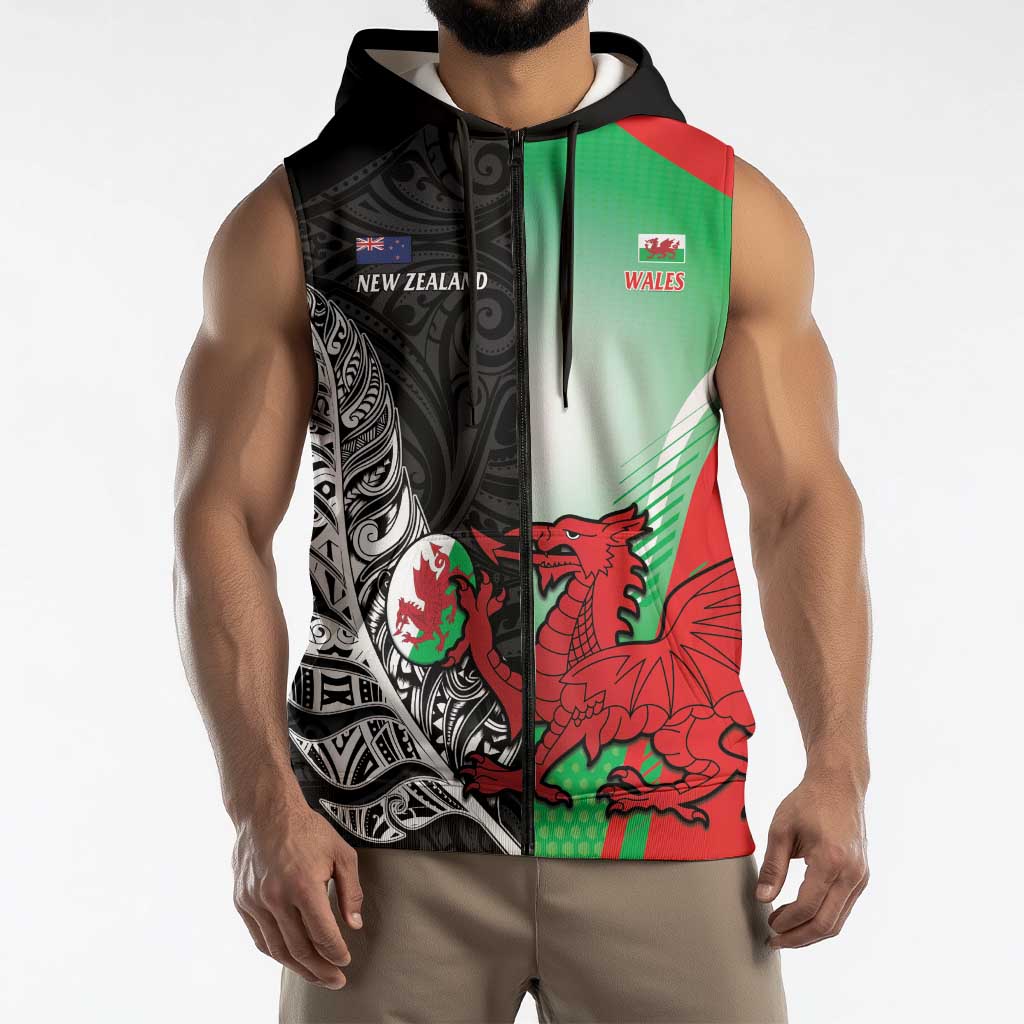 New Zealand and Wales Rugby Custom Sleeveless Zip Hoodie Aotearoa All Black Combine Welsh Dragon LT14 - Polynesian Pride