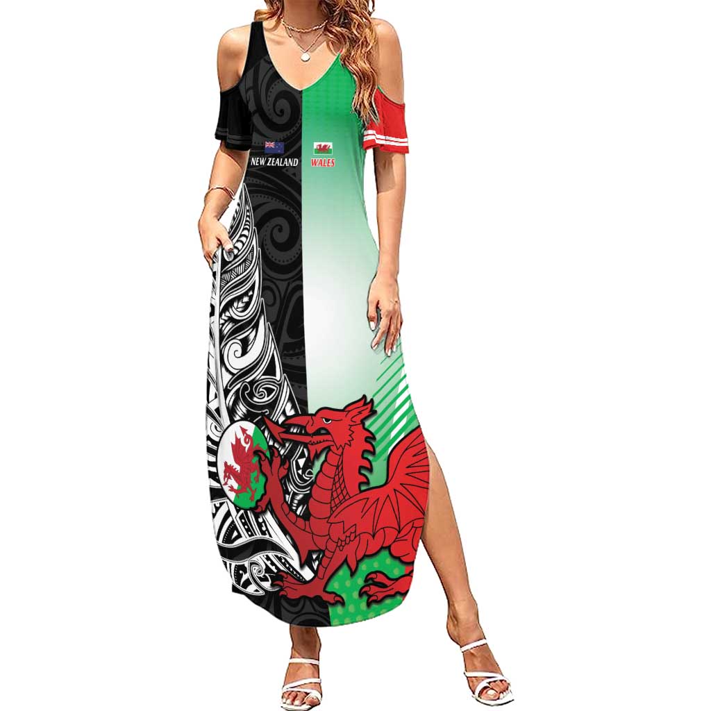 New Zealand and Wales Rugby Custom Summer Maxi Dress Aotearoa All Black Combine Welsh Dragon LT14 Women Black - Polynesian Pride