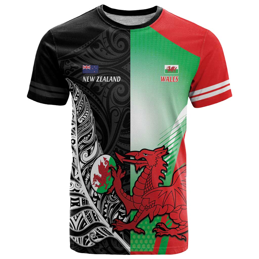 New Zealand and Wales Rugby Custom T Shirt Aotearoa All Black Combine Welsh Dragon LT14 Black - Polynesian Pride