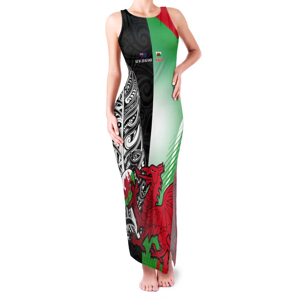 New Zealand and Wales Rugby Custom Tank Maxi Dress Aotearoa All Black Combine Welsh Dragon LT14 Women Black - Polynesian Pride