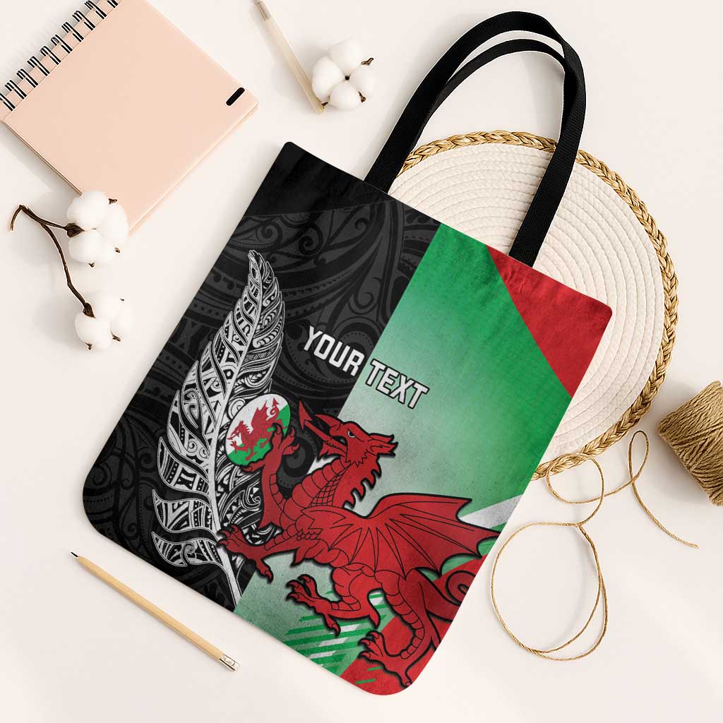 New Zealand and Wales Rugby Custom Tote Bag Aotearoa All Black Combine Welsh Dragon LT14 Black Strap One Size Black - Polynesian Pride