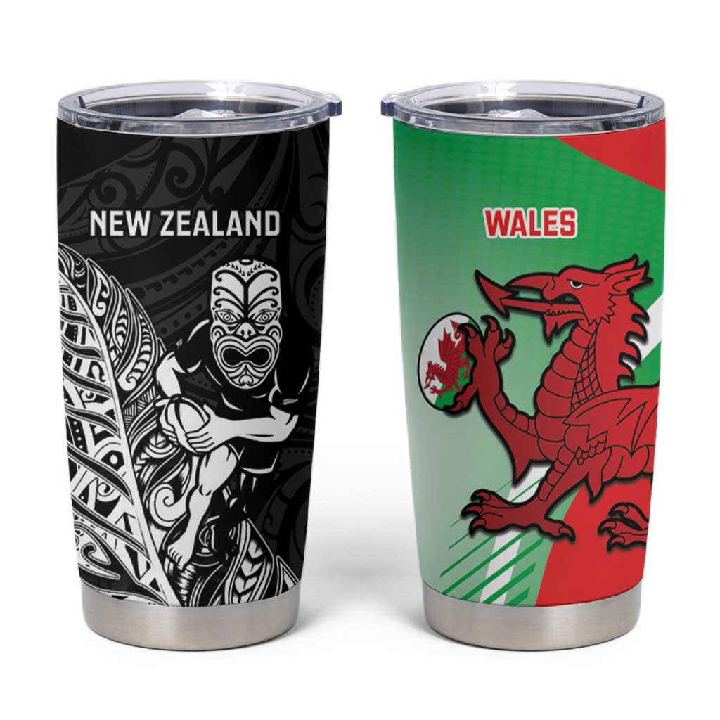 New Zealand and Wales Rugby Custom Tumbler Cup Aotearoa All Black Combine Welsh Dragon LT14 Black - Polynesian Pride