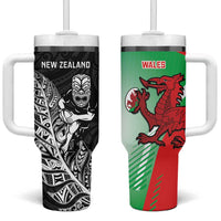 New Zealand and Wales Rugby Custom Tumbler With Handle Aotearoa All Black Combine Welsh Dragon LT14 One Size: 40 oz Black - Polynesian Pride