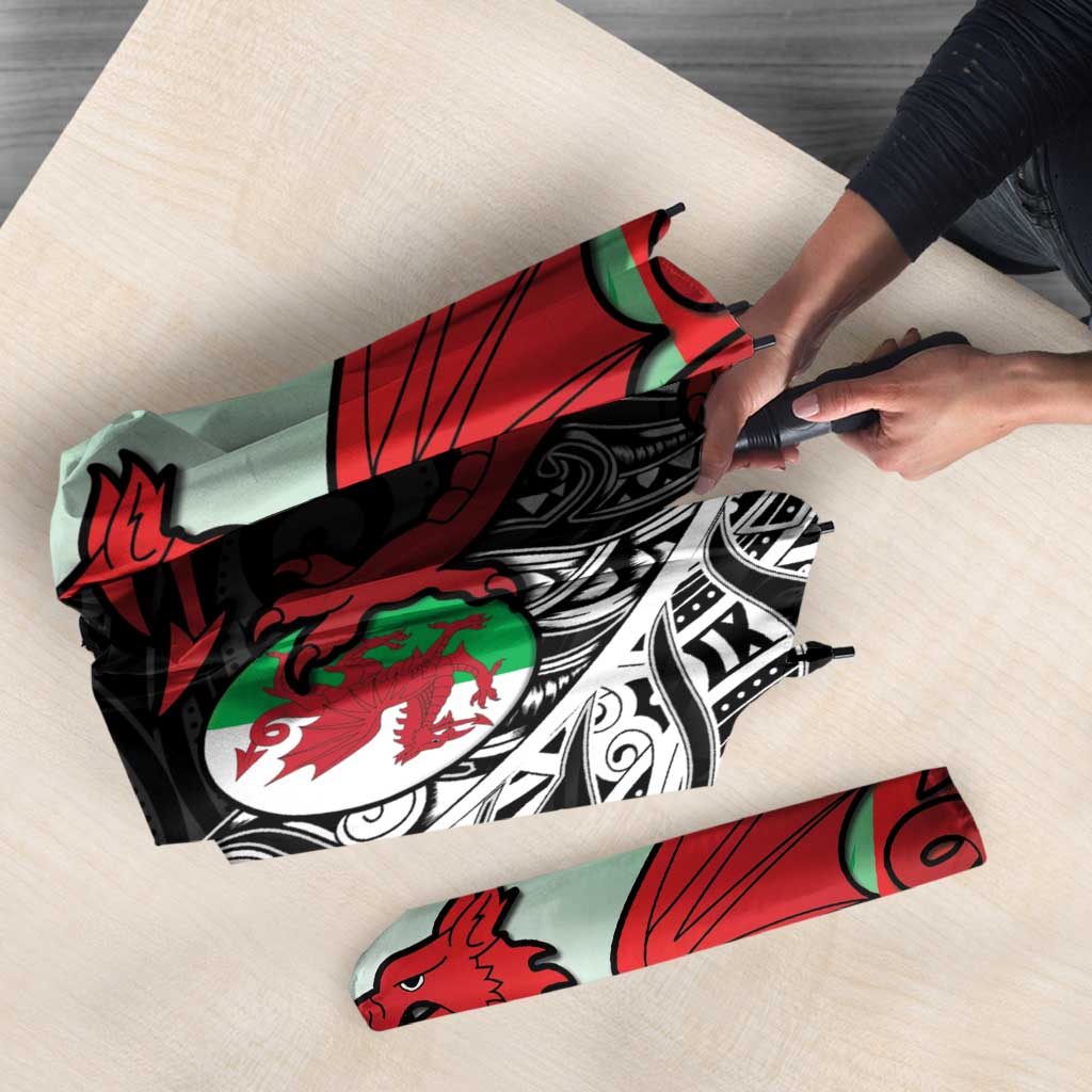 New Zealand and Wales Rugby Custom Umbrella Aotearoa All Black Combine Welsh Dragon LT14 - Polynesian Pride