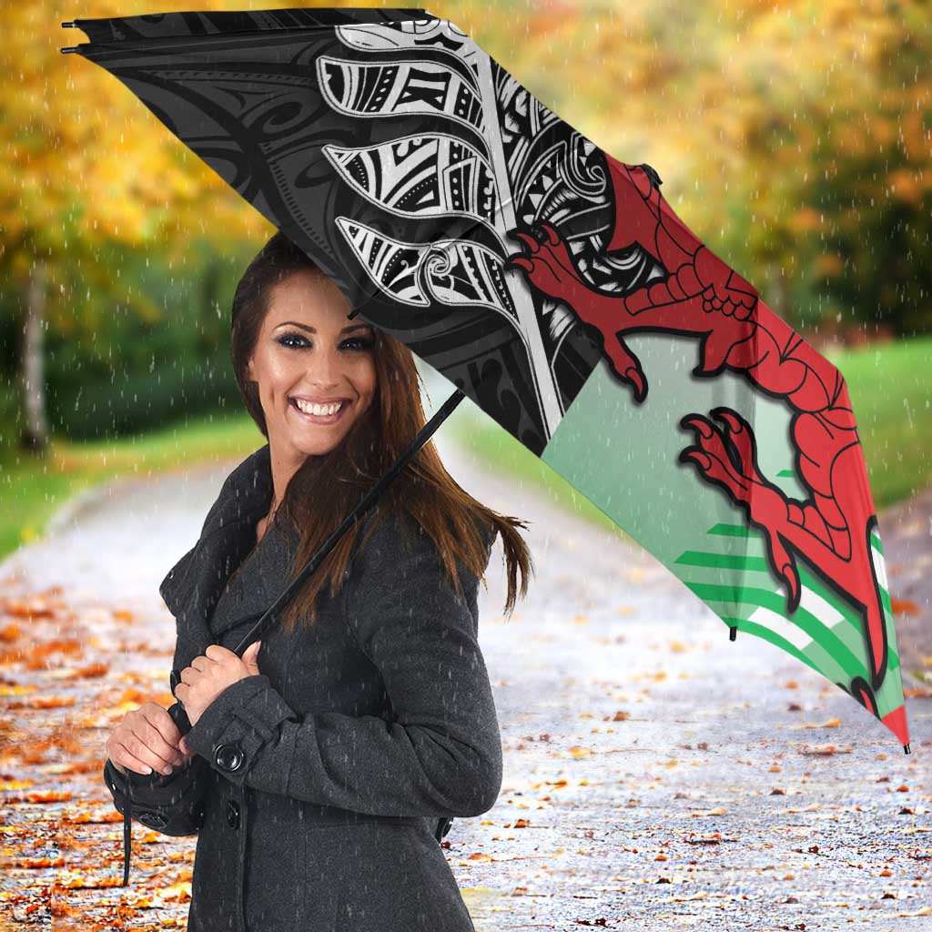 New Zealand and Wales Rugby Custom Umbrella Aotearoa All Black Combine Welsh Dragon LT14 - Polynesian Pride