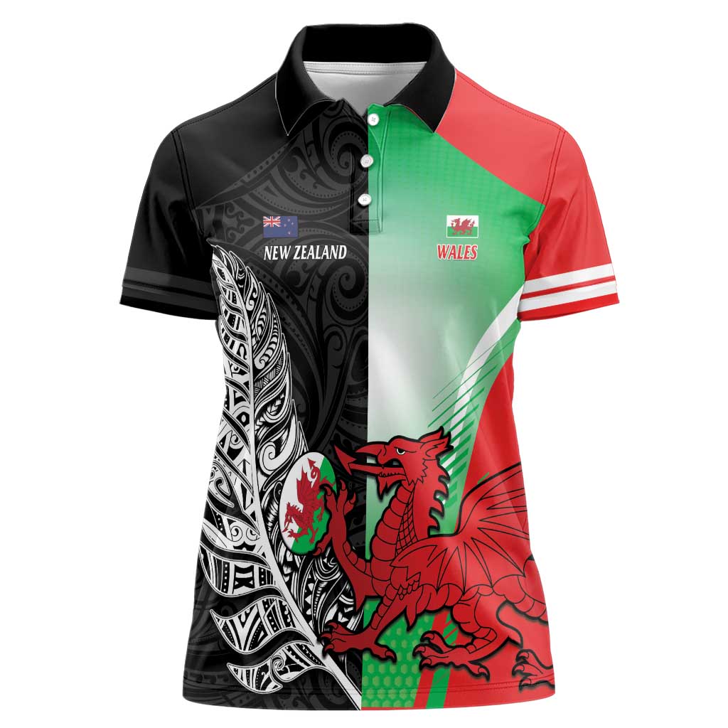New Zealand and Wales Rugby Custom Women Polo Shirt Aotearoa All Black Combine Welsh Dragon - Polynesian Pride