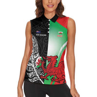 New Zealand and Wales Rugby Custom Women Sleeveless Polo Shirt Aotearoa All Black Combine Welsh Dragon LT14 - Polynesian Pride