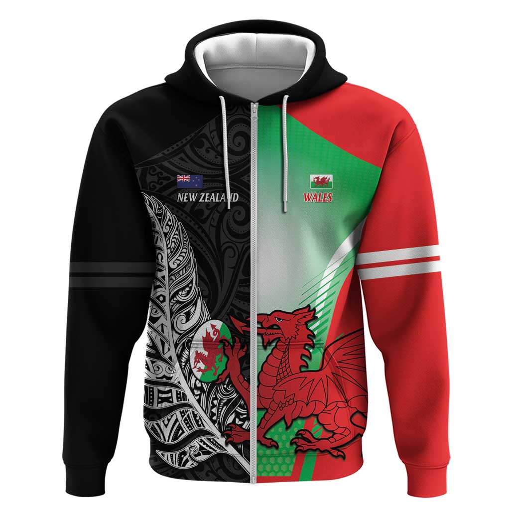 New Zealand and Wales Rugby Custom Zip Hoodie Aotearoa All Black Combine Welsh Dragon LT14 Zip Hoodie Black - Polynesian Pride
