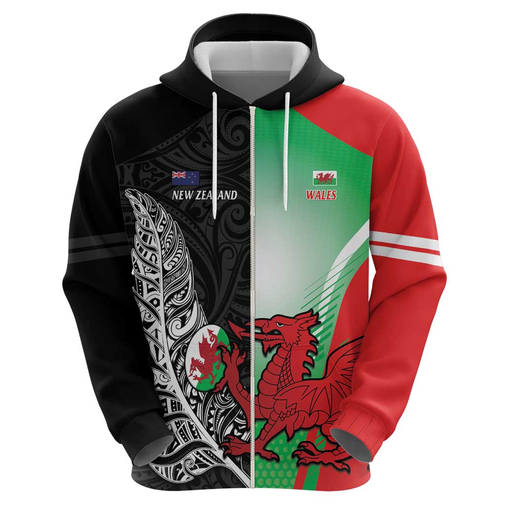 New Zealand and Wales Rugby Custom Zip Hoodie Aotearoa All Black Combine Welsh Dragon LT14 - Polynesian Pride