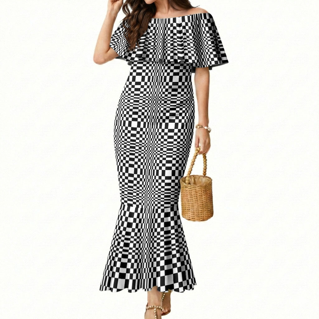 Black White Filipino Binakol Motifs Mermaid Dress Mabuhay Philippines Festival Kusikus Pattern LT14 Women Black - Polynesian Pride