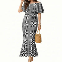 Black White Filipino Binakol Motifs Mermaid Dress Mabuhay Philippines Festival Kusikus Pattern LT14 Women Black - Polynesian Pride