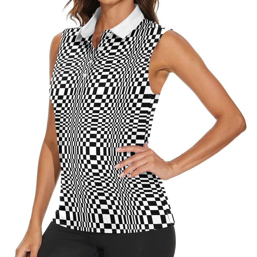 Black White Filipino Binakol Motifs Women Sleeveless Polo Shirt Mabuhay Philippines Festival Kusikus Pattern LT14 - Polynesian Pride