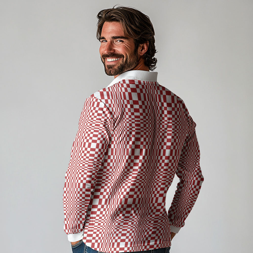 Red White Filipino Binakol Motifs Long Sleeve Polo Shirt Mabuhay Philippines Festival Kusikus Pattern LT14 - Polynesian Pride