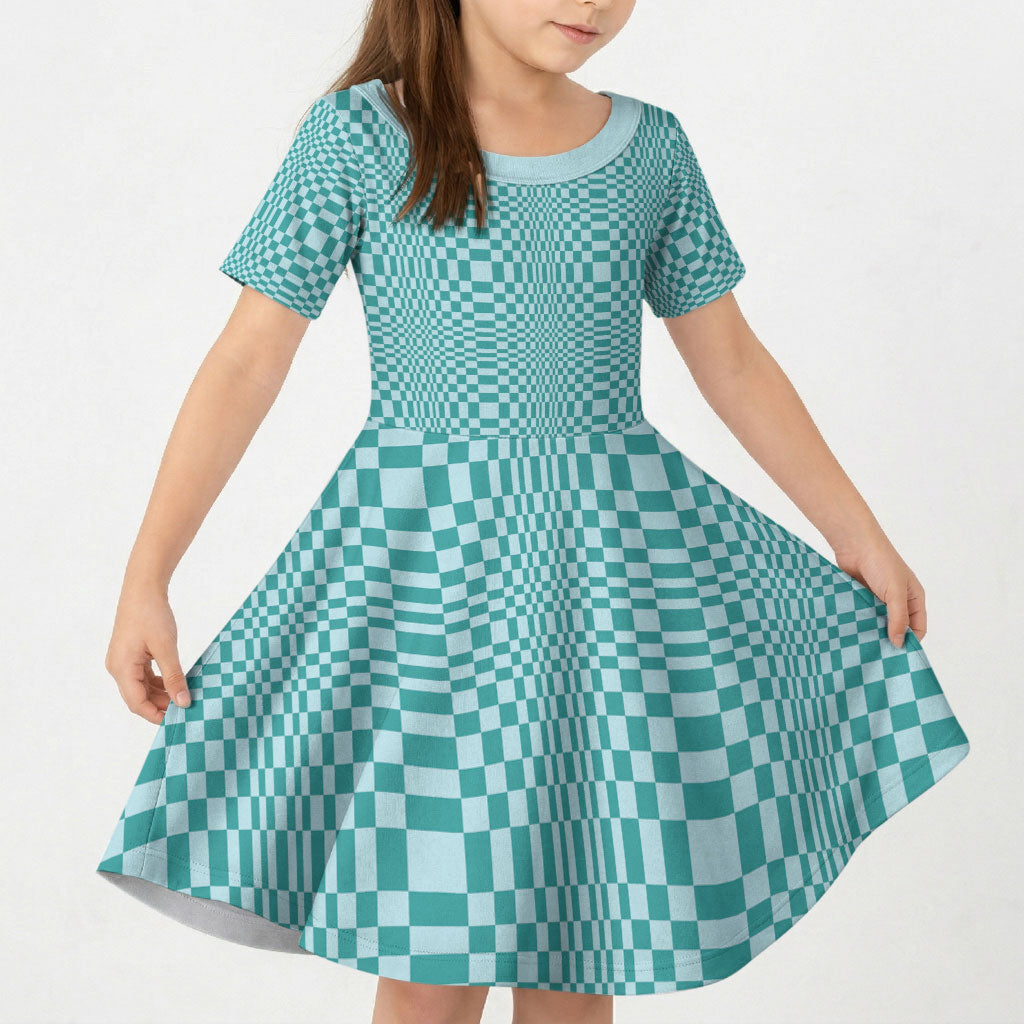 Cyan Filipino Binakol Motifs Kid Short Sleeve Dress Mabuhay Philippines Festival Kusikus Pattern LT14 KID Cyan - Polynesian Pride