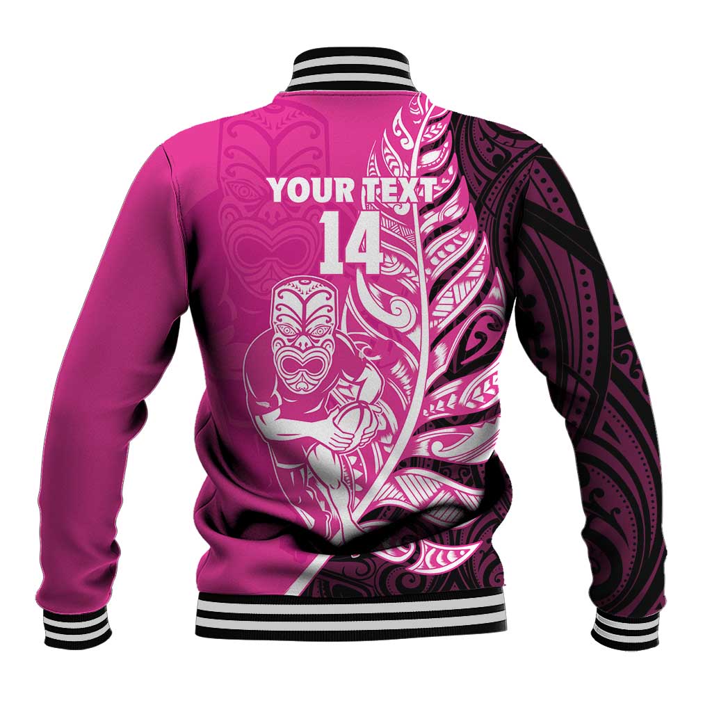 New Zealand Silver Fern Rugby Custom Baseball Jacket All Black Maori Pattern Pink - Polynesian Pride