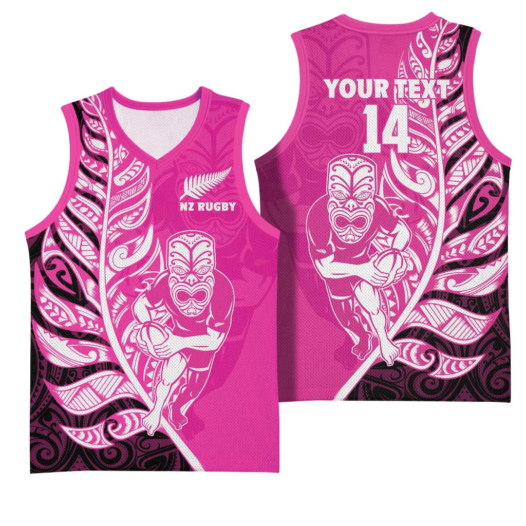 New Zealand Silver Fern Rugby Custom Basketball Jersey All Black Maori Pattern Pink - Polynesian Pride