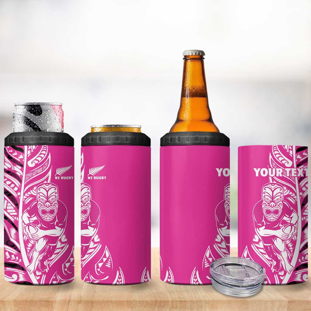 New Zealand Silver Fern Rugby Custom 4 in 1 Can Cooler Tumbler All Black Maori Pattern Pink LT14 - Polynesian Pride