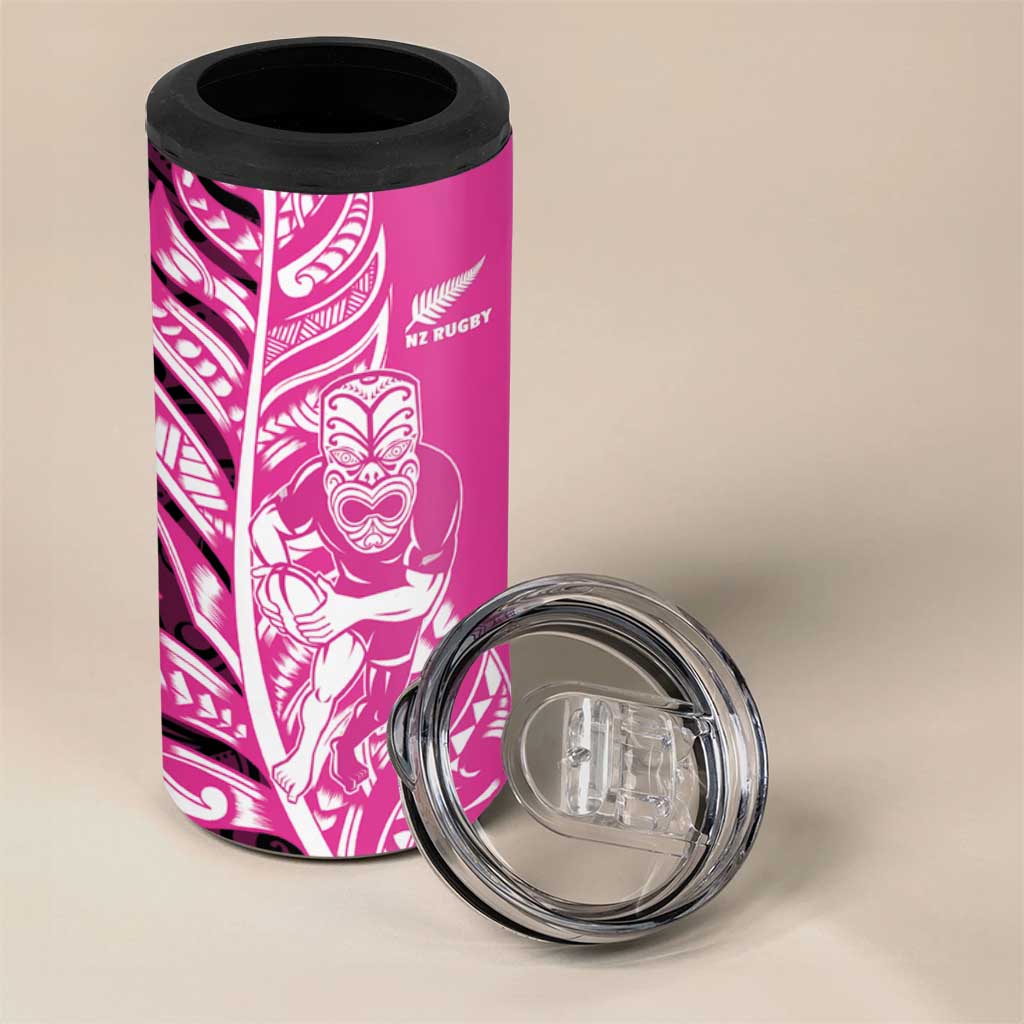 New Zealand Silver Fern Rugby Custom 4 in 1 Can Cooler Tumbler All Black Maori Pattern Pink LT14 - Polynesian Pride