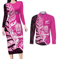 New Zealand Silver Fern Rugby Custom Couples Matching Long Sleeve Bodycon Dress and Long Sleeve Button Shirt All Black Maori Pattern Pink - Polynesian Pride