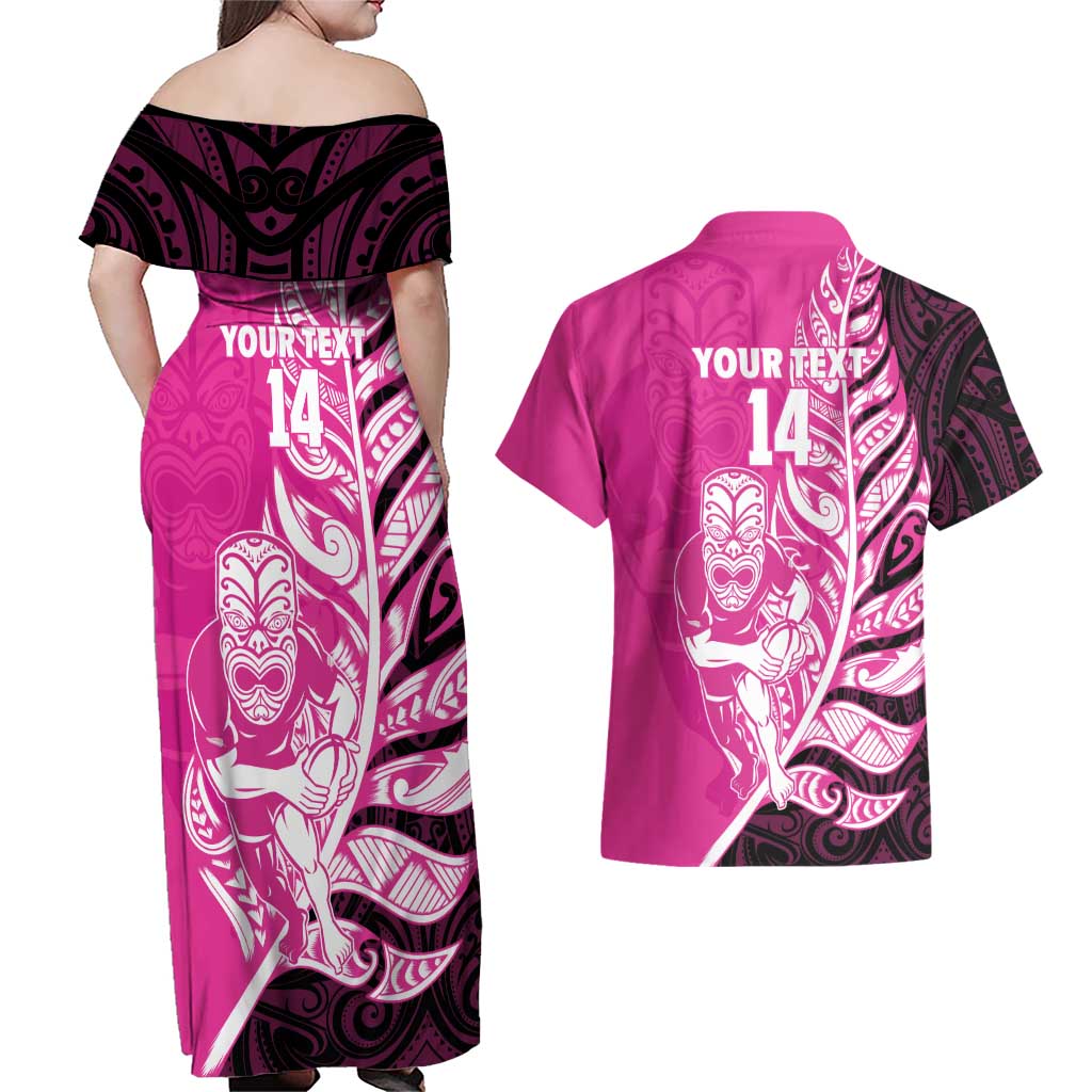 New Zealand Silver Fern Rugby Custom Couples Matching Off Shoulder Maxi Dress and Hawaiian Shirt All Black Maori Pattern Pink LT14 - Polynesian Pride