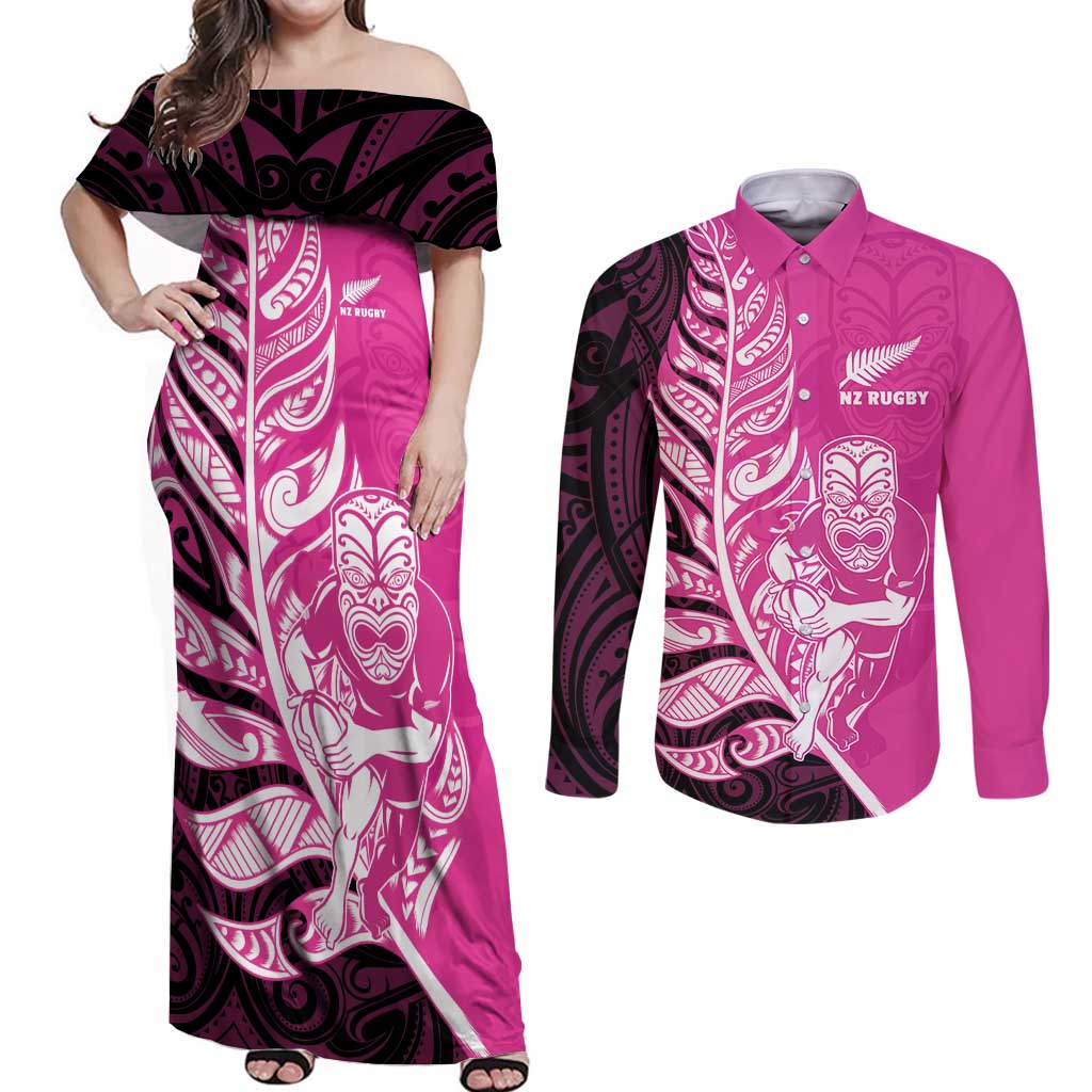 New Zealand Silver Fern Rugby Custom Couples Matching Off Shoulder Maxi Dress and Long Sleeve Button Shirt All Black Maori Pattern Pink LT14 Pink - Polynesian Pride