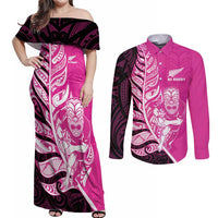 New Zealand Silver Fern Rugby Custom Couples Matching Off Shoulder Maxi Dress and Long Sleeve Button Shirt All Black Maori Pattern Pink LT14 Pink - Polynesian Pride