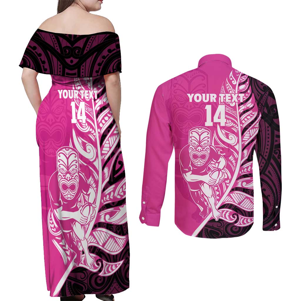 New Zealand Silver Fern Rugby Custom Couples Matching Off Shoulder Maxi Dress and Long Sleeve Button Shirt All Black Maori Pattern Pink LT14 - Polynesian Pride