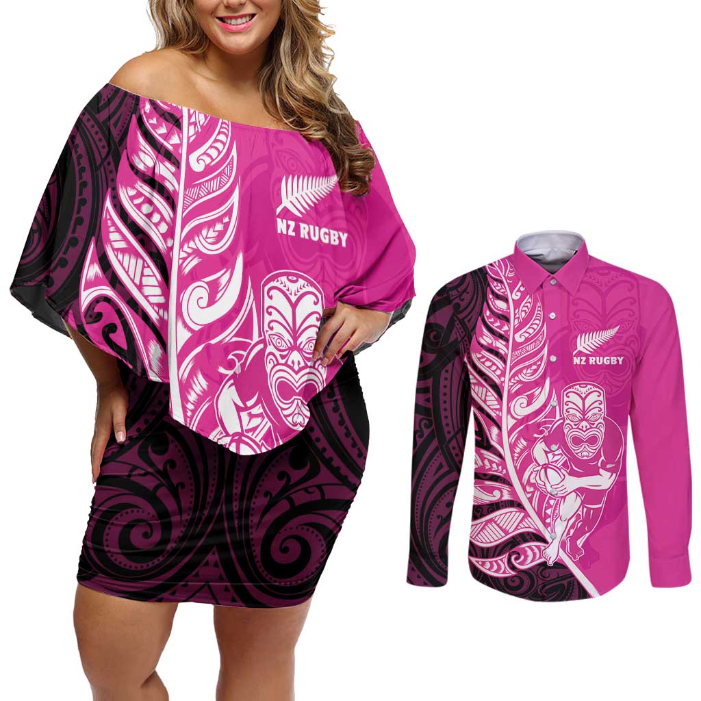 New Zealand Silver Fern Rugby Custom Couples Matching Off Shoulder Short Dress and Long Sleeve Button Shirt All Black Maori Pattern Pink - Polynesian Pride